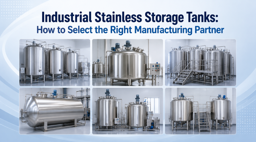 Industrial stainless storage tanks manufactured for chemical, food, pharmaceutical, and industrial applications
